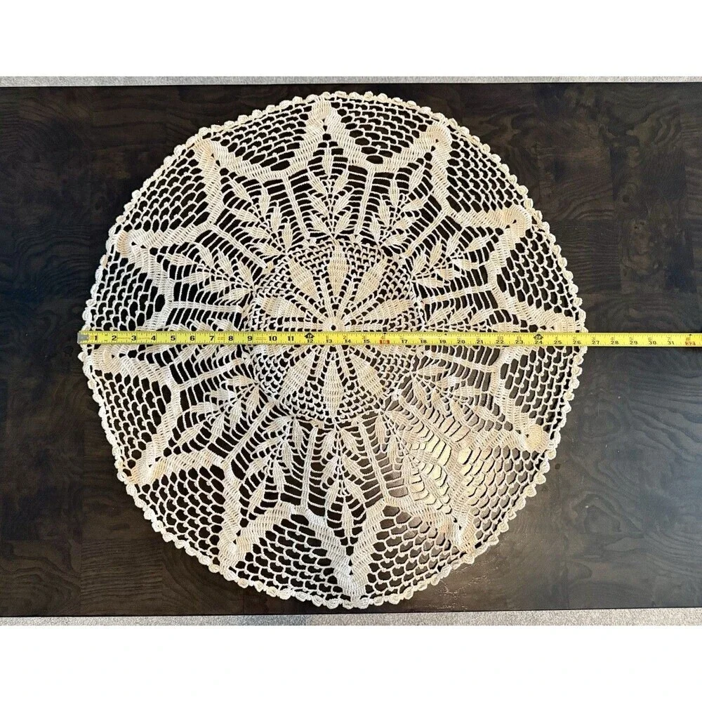 Vintage Handmade XL Crochet Doily Table Topper 27” Beige Ecru